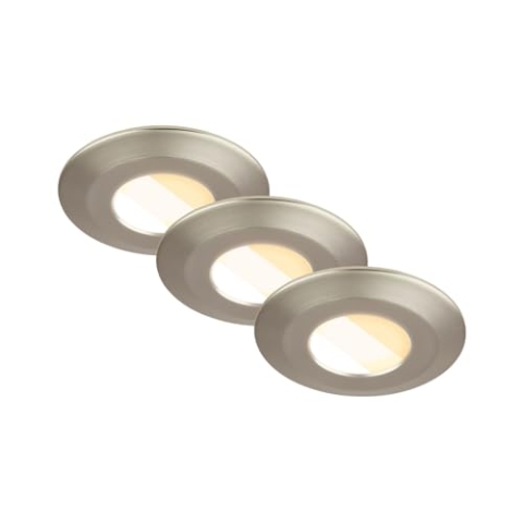 BRILONER - 3er Set LED Bad Einbaustrahler 230V Gehäuse 50% recycelt, Farbtemperaturwechsel, Dimmbar, IP44, Ra90, LED Spot, flach, Decke, Einbauleuchten, Badezimmer, 68mm, 90x30mm (DxH), Matt-Nickel