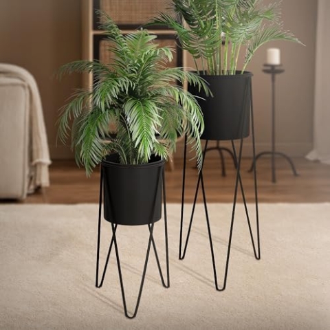 ML-Design Blumenständer 2er Set, Schwarz, 27x27x48,5 cm/35,5x34x75 cm, aus Stahl, Metallgestell Pflanzenständer, Blumentopfhalter 2-tlg, Blumentopfständer Blumenhocker Pflanztopf Deko Pflanztopfhalter