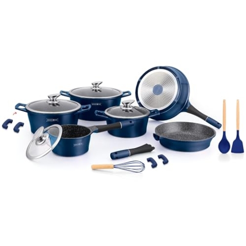 ROYALTY LINE, 17-teiliges Set, Kochgeschirr aus gegossenem Aluminium, marmorierte Beschichtung, mit abnehmbaren Silikongriffen, für alle Herdarten geeignet, 24-28 cm, Blau
