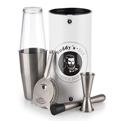 Buddy´s Bar – „Boston Bar-Set“, 700 ml, Boston Cocktail-Shaker, Barmaß, Stößel, Barsieb, lebensmittelecht, Bar-Set inklusive Geschenkbox, Edelstahl antik