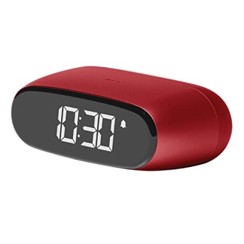 Lexon Minu Mini-Wecker, kompakt, mit VA-LCD-Display, Touchscreen-Bedienung, Snooze-Funktion und Hintergrundbeleuchtung, wiederaufladbarer Akku, Aluminium-Finish – Dunkelrot