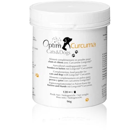 Kurkuma Pulver für Hunde, Katzen - Nahrungsergänzung | Hüfte & Gelenke Hunde Senior | Longvida Curcumin Pulver 96 gr | Optim Curcuma Cats & Dogs