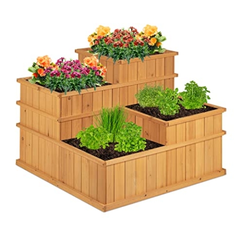 Relaxdays Hochbeet, gestuft, 4 Pflanzkästen, Garten, Balkon, Terrasse; Pflanzbeet aus Holz, HxBxT: 61x81x81 cm, Natur