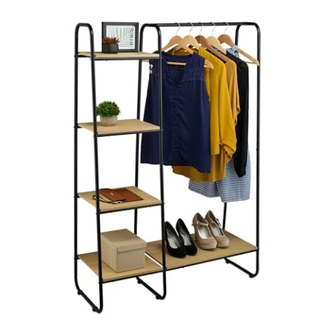 Relaxdays Garderobe, mit Regal, HBT: 150 x 100 x 41 cm, Jacken, Hemden, Metall, freistehender Kleiderständer, schwarz