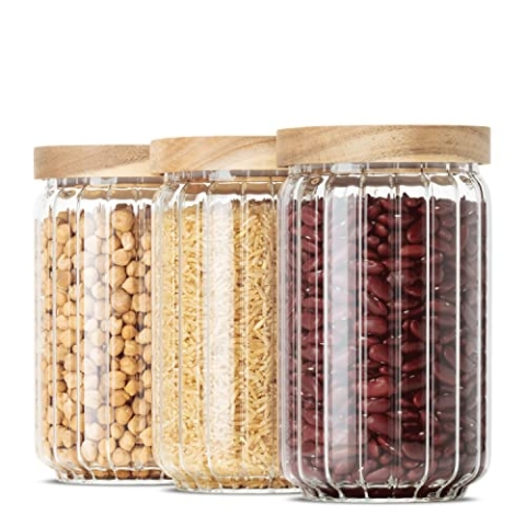 Econovo® Vorratsgläser mit Deckel geriffelt (700ml | 3-tlg.), stapelbar und luftdicht, Küchenaufbewahrung aus Glas mit Holzdeckel, Vorratsdosen Glas Set für Lebensmittel groß & klein
