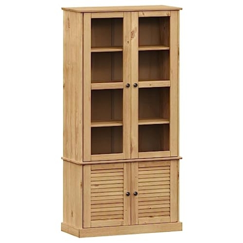 vidaXL Vitrine, Glasvitrine mit Einlegeböden viel Stauraum, Schrank mit Glastüren, Küchenschrank Hochschrank Highboard, Massivholz Kiefer