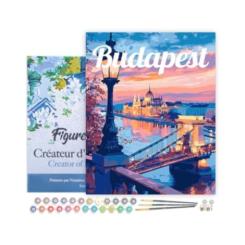 Figured'Art Malen Nach Zahlen Erwachsene Mit Rahmen Reiseposter Budapest bei Dämmerung - Paint by Numbers Basteln DIY Bastelset 40x50cm - Leinwand gespannt auf Holzrahmen