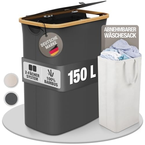 Wäschekorb 150L Faltbar mit Deckel und 2 Fächern – Wäschesammler Bambus-Stoff Grau – Wäschebox, Wäschetruhe, Wäschebehälter, Wäschetrenner für Bad, Schlafzimmer & Waschküche