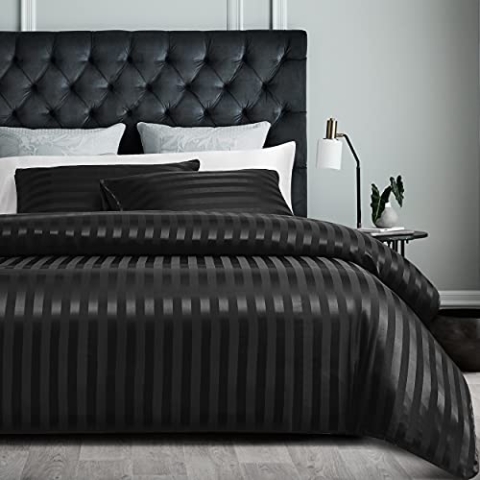 Damier Satin Bettwäsche 220x240 Schwarz Seidig Glänzend Gestreift Bettwäche Set 3 teilig Hochwertiges Glanzsatin Bettbezug mit Verdecktem Reißverschluss und 2 Kissenbezüge 80 x 80 cm, 220 x 240 cm