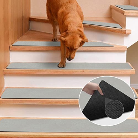 GOYLSER Treppenstufen Matten Stufenmatten Anti-Rutsch Treppenmatten Selbstklebend Treppenteppich Rechteckig Rutschschutz Stufenteppich Treppenvorleger für Kinder Haustiere Grau (76x20cm 15 Stück)