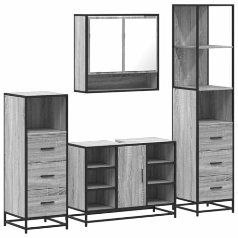 vidaXL 4-TLG. Badmöbel-Set Grau Sonoma Holzwerkstoff, Badmöbelset, Badezimmerschrank, Badezimmerunterschrank, Badmöbel, Badezimmer Unterschrank