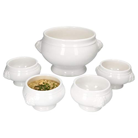 MamboCat Leo Löwenkopf Suppenterrine Suppentassen Set 5tlg I 1x Suppenschale 2 L + 4X kleine Suppentassen 0,25 L I Königliches Set Suppenschüssel Löwenkopf-Terrine aus Steingut weiß