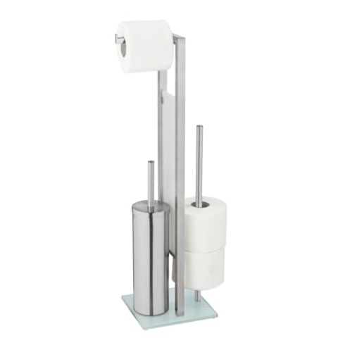 WENKO WC-Garnitur Mod. Rivalta, geschlossene Stand WC-Garnitur aus rostfreiem Edelstahl mit Glasplatten aus weißem Sicherheitsglas, mit WC-Bürste, Toilettenpapier- und Ersatzrollenhalter, Silber matt