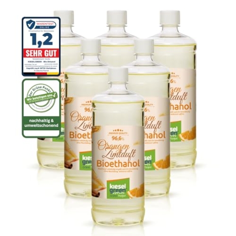 KieselGreen Bioethanol 6 x 1 Liter mit Duft für Ethanol-Kamin, viele Sorten - Bio Ethanol als Raumduft in vielen Duftnoten - Parfüm für Bio Ethanol Kamin Indoor oder Bioethanol Tischfeuer (Or/Zimt)