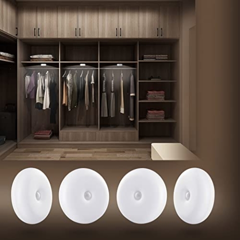 FLINQ Lampe mit Bewegungsmelder - Beleuchtung für Kleiderschrank - Magnetische Platte - Wiederaufladbar - Weiß - 4er-Set