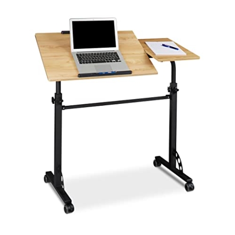 Relaxdays Laptoptisch groß XXL höhenverstellbar, HxBxT: 110 x 100 x 50 cm, Holz, Mobiles Rednerpult, Bremsbare Rollen, Notebook, Beamer, Laptops, 2 Ablagen, Eiche natur
