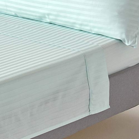 HOMESCAPES Damast Bettlaken ohne Gummizug Aqua 230x255 cm, Baumwoll-Betttuch Satin-Streifen, Haustuch ägyptische Baumwolle