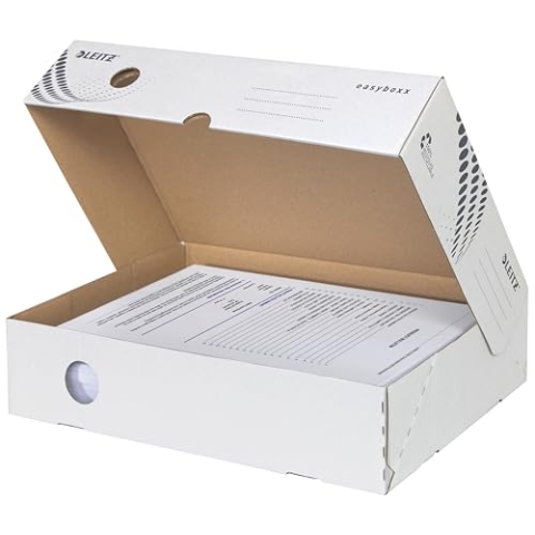 Leitz easyboxx Archiv-Klappschachtel, 80 mm Rückenbreite, Aktenkarton A4, Boxen zur Aufbewahrung mit Deckel an der Oberseite, Lagerbox mit geometrischem Design, 25 Stück, Weiß/Grau, 61340000
