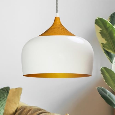 bamyum Kreis Pendelleuchte Esstisch Holzgemustert Weiß Gold Ø30 cm, Hängelampe Esstisch Holzgemustert, Skandinavisch Pendelleuchte Vintage, Küchenlampe Hangend Vintage, Hängelampe Weiß Gold