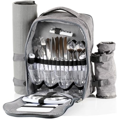 CampFeuer Picknickrucksack für 4 Personen | Grau | Picknickset 32-teilig | inkl. Flaschenhalter und Fleece Decke, großem Kühlfach, Geschirr und Besteck | Wanderrucksack, Campingrucksack