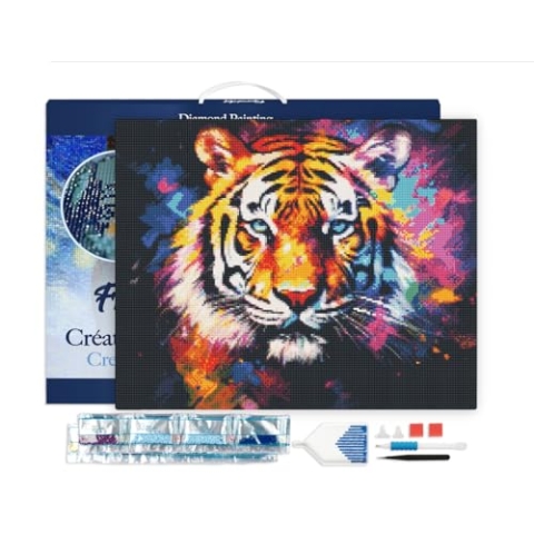 Figured'Art Diamond Painting Erwachsene 40x50cm Mit Rahmen Ganze Leinwand gespannt Tiger Farbenfroh Abstrakt 5D Bilder Eckige Steine - DIY Set Basteln