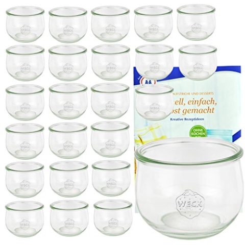 MamboCat 24er Set Weck Gläser 580ml Tulpengläser, 1/2L Sturzgläser inkl. Gelierzauber Rezeptheft von Diamantzucker I Original Weck Tulpenglas Dessertglas I Einweckgläser für Obst Gemüse UVM
