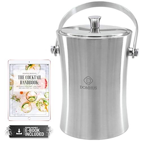 DOMHUS® 2,0L Premium Eiswürfelbehälter mit Deckel und Zange | Edelstahl Sektkühler Eiseimer Doppelwändiger Isolierter Eisbehälter aus Edelstahl mit Tragegriff | Silber Matt