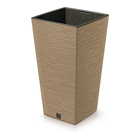 Prosperplast 2in1 Blumentopf mit Innenkübel Pflanzentopf Übertopf Pflanzentopf Kunststoff Holz Meißel Optik 26,5 cm x 26,5 cm x 50 cm (Braun)