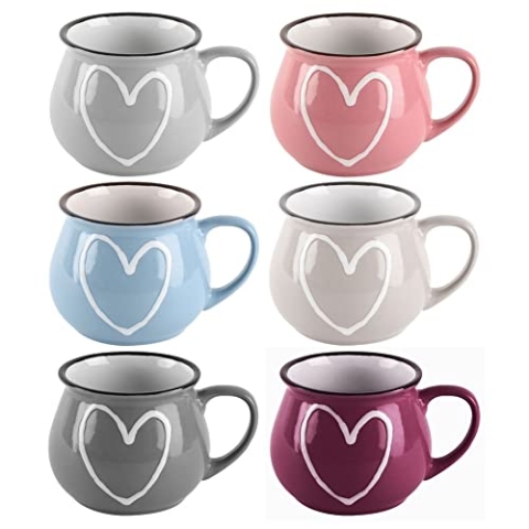 Becher Kaffeebecher Teebecher Tasse Keramikbecher mit Henkel Trinkbecher bunte Herzen 6er-Set 320 ml