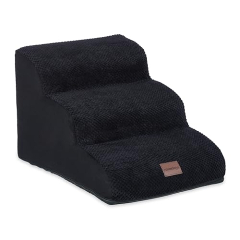 Relaxdays Hundetreppe 3 Stufen, für Hunde & Katzen, HBT: 33 x 41 x 54 cm, weiche Haustiertreppe, Bett und Couch, schwarz