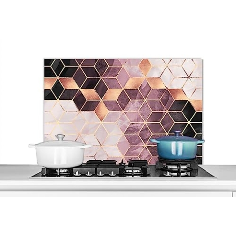 KitchenYeah© Spritzschutz Küchenrückwand Platte Kuchendeko Aluminium Platte Kitchen Wall Protector Rückwand KüchePink - Vintage - Marmor - Gold - Rosa - Marmoroptik - Modern - 80x55 cm