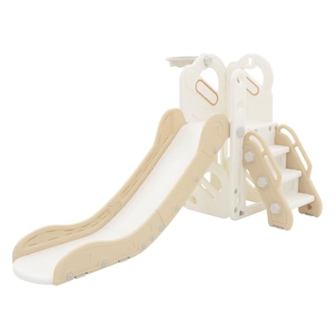 Joyz Spielturm 3 in 1, Weiß-Beige, Kunststoff, Kinderrutsche Set Indoor & Outdoor, Spielzeug mit Rutsche und Basketballkorb, ab 3 Jahren, Babyrutsche, Gartenrutsch, Kleinkinderrutsche, Rutschbahn
