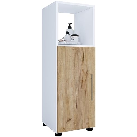 VCM Holz Midischrank | Badschrank mit offenem Fach und Einer Drehtür | Maße H. 93 x B. 31 x T. 30 cm | Midischrank - Flandu Weiß/Honig-Eiche