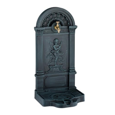 Relaxdays Standbrunnen, antik, Engel-Design, mit Wasserhahn & Becken, HxBxT: 83x39x33 cm, Zapfstelle Garten, grau-grün