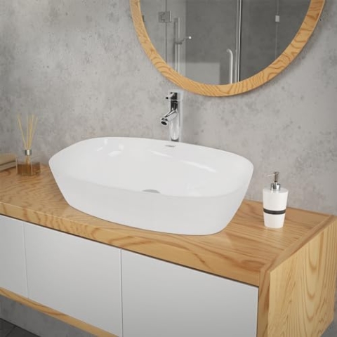 ECD Germany Waschbecken Waschtisch 605x380x140 mm aus Keramik Oval Weiß - Aufsatzbecken Aufsatzwaschbecken Handwaschbecken Aufsatzwaschtisch Spülbecken Becken Wasserfall Waschschale Waschschüssel