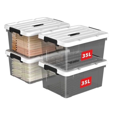 Cetomo 35L*4 Plastic Storage box, Tote box,Organizing Container with Durable Lid and Secure Latching Buckles, Stackable and Nestable, 4Pack, transparent black with Black Buckle