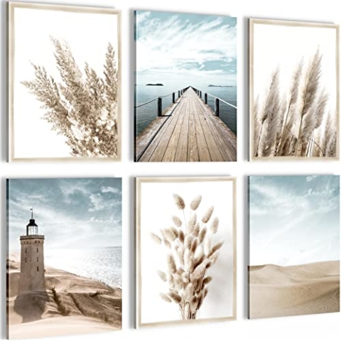 Novart Wandbilder - KEIN EXTRA RAHMEN BENÖTIGT - Wohnzimmer Schlafzimmer - Bilder Modern Strand Meer Leuchtturm - Blau Beige - N007165a