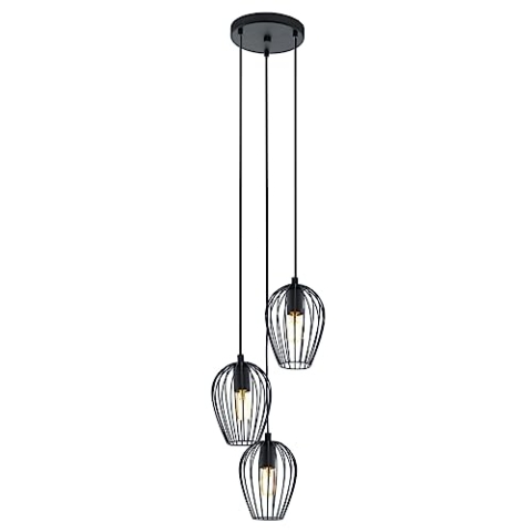EGLO Pendellampe Newtown, 3 flammige Vintage Pendelleuchte, Retro Hängelampe aus Stahl, Schwarz, Fassung: E27, Ø 38 cm