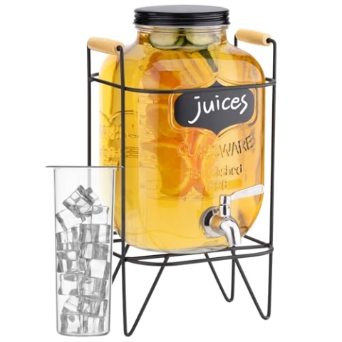 Navaris Getränkespender 5 Liter aus Glas - Zapfhahn aus Edelstahl und Ständer - Wasserspender Glasbehälter für kalte Getränke - 2 Kunststoffeinsätze enthalten