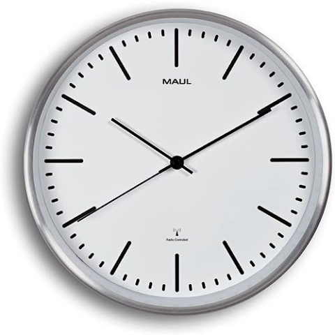 Maul MAULfly Radio Wall Clock Diameter 30 cm | Wall Clock Made of Mineral Glass | Automatic Time Setting | Narrow Aluminium Frame in Modern Design | for Office, Home Office and Living Area | White
