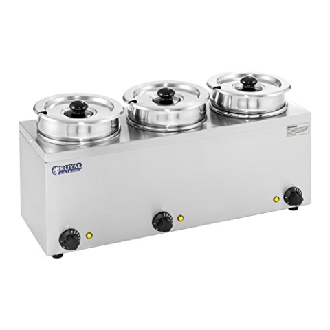 Royal Catering - RCBM-3/4R - Bain Marie Suppenstation Hotpot mit Ablasshahn Chafing Dish (3 x 2,75 L, 3 x 150 W, Inklusive Deckel, 30-110 °C, 3 Einsatztöpfe)