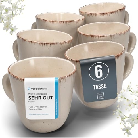 Steingut Kaffeetassen 6 Pers. Rustic Hochwertiges Landhausstil TEST SEHR GUT Tassen Set, Spülmaschinen-, Mikrowellen- und Kratzfest - Stylisches Tee- und Kaffeebecher Set - Pure Living in Beige