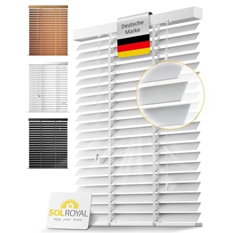 Sol Royal Holzjalousie 50 mm Lamellen extra breit – Fensterjalousie 120x180 cm Holzrollo einfache Montage Wand & Decke – Blickschutz Jalousie Fenster & Tür Massivholz Echtholz Rollo in Weiß – BE5