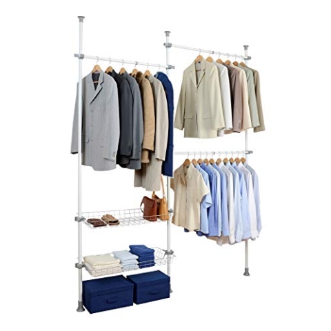 WENKO Teleskop-System Herkules Duo, individuell verstellbares Ordnungssystem mit 3 Kleiderstangen und 2 Ablagekörben, für den begehbaren Kleiderschrank, 164-215 x 165-300 x 38 cm, aus Metall in Weiß