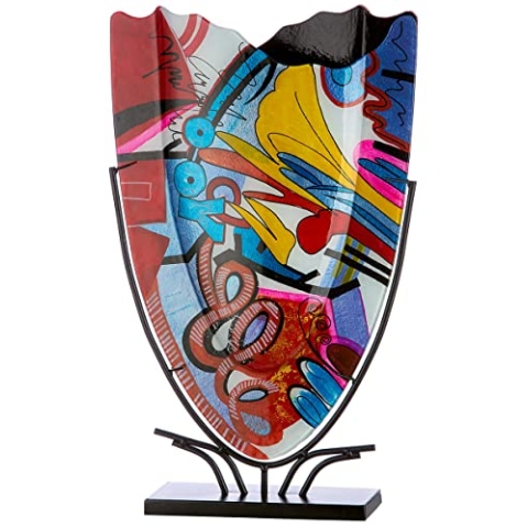 Glas Art Vase Dekovase im Street Art Design auf Metall Ständer - Deko Wohnzimmer - Geschenk für Frauen Geburtstag - Farbe: rot - Höhe 58 cm