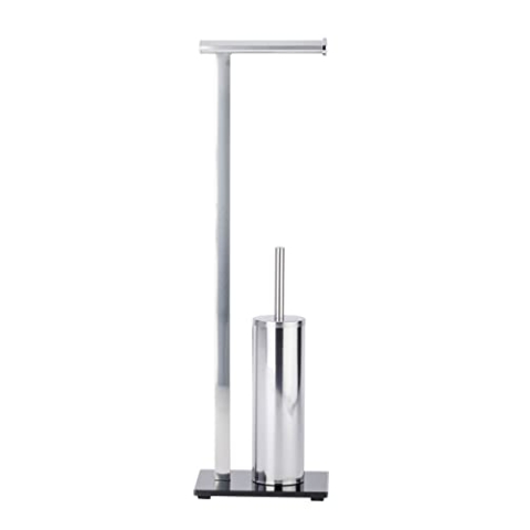 WENKO Stand WC-Garnitur Lava, Standgarnitur mit Toilettenpapierhalter und WC-Bürstenhalter inkl. WC-Bürste aus rostfreiem Edelstahl, schwere Bodenplatte aus schwarzem Sicherheitsglas, 21 x 71 x 17