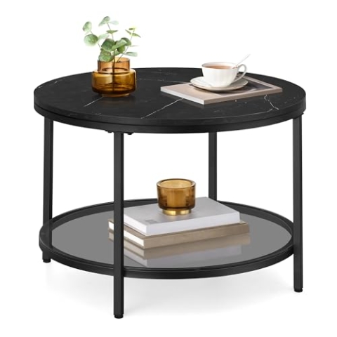 VASAGLE Couchtisch, Wohnzimmertisch, Sofatisch, für Wohnzimmer, mit Glasplatte, viel Stauraum, einfacher Aufbau, moderner Stil, marmorschwarz-tintenschwarz LCT072B58