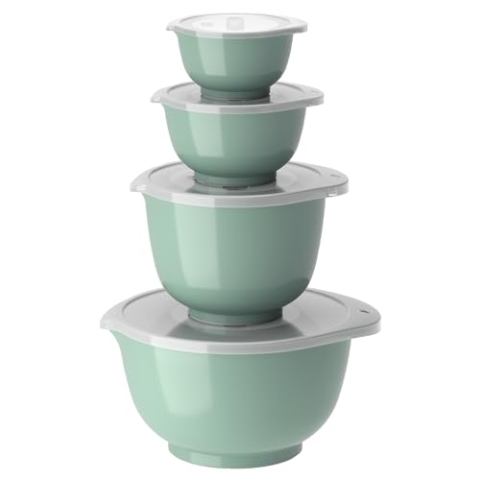 Rosti Margrethe Schüssel Set, Rührschüssel Set, 8-Teilig mit 4 Rührschüsseln und 4 Deckel, Teigschüssel aus Recycelbarem Kunststoff, 0,25 Liter, 0,5 Liter, 1,5 Liter und 3 Liter, Nordic Green (Grün)