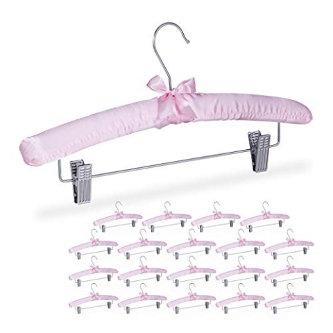 Relaxdays 20 x Satin Kleiderbügel, gepolstert, Vintage, verstellbare Clips, drehbarer Haken, Klammerbügel, 38 cm breit, rosa