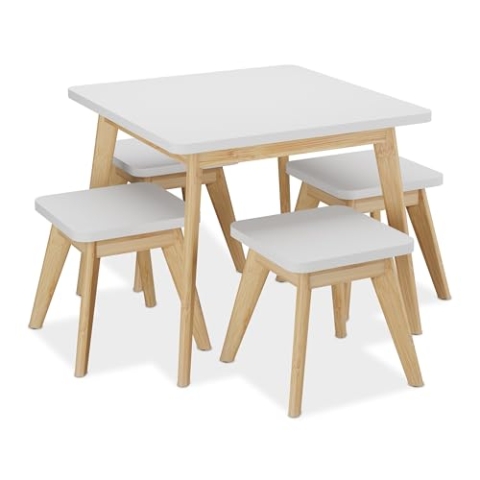 Relaxdays Kindersitzgruppe, 5-tlg., Kindertisch mit 4 Hockern, Mädchen & Jungen, Sitzecke fürs Kinderzimmer, weiß/natur